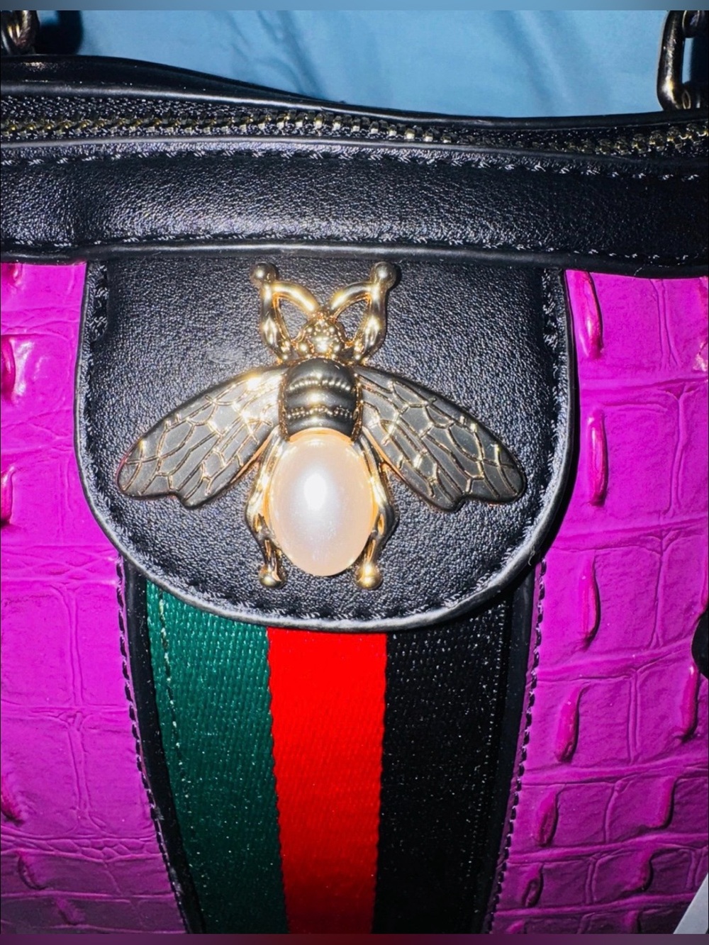 Fashion Croc Alligator Queen Bee Stripe Boston Bag Satchel- NWT-long strap too - Picture 5 of 8